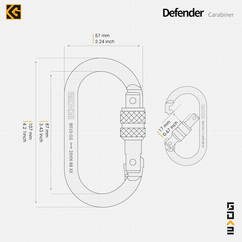 GDK2 Defender CE Certified 25kN Screwgate Locking Carabiner in Size 4.21 x 2.24 inch, Heavy-Duty Carabiners for Climbing, Rappelling, and Mountaineering, Carbon Steel, Midnight Black, 1 Pack - Image 2